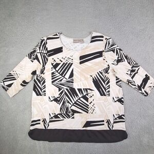 Chicos Blouse Womens 3 US XL Black Tan Palm Botanical Print 3/4 Sleeve Tunic Top